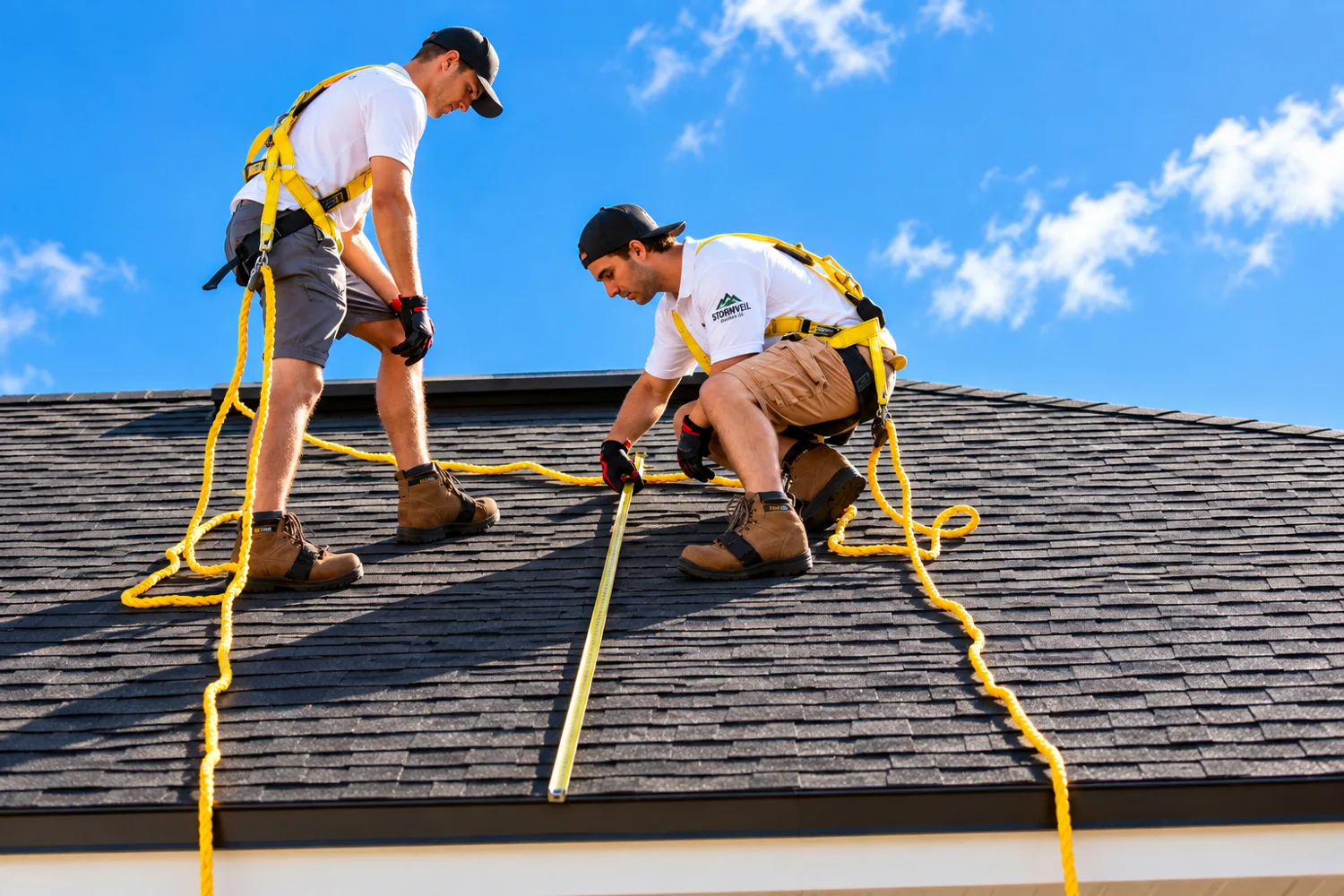 Two roofing professionals measuring and inspecting a roof